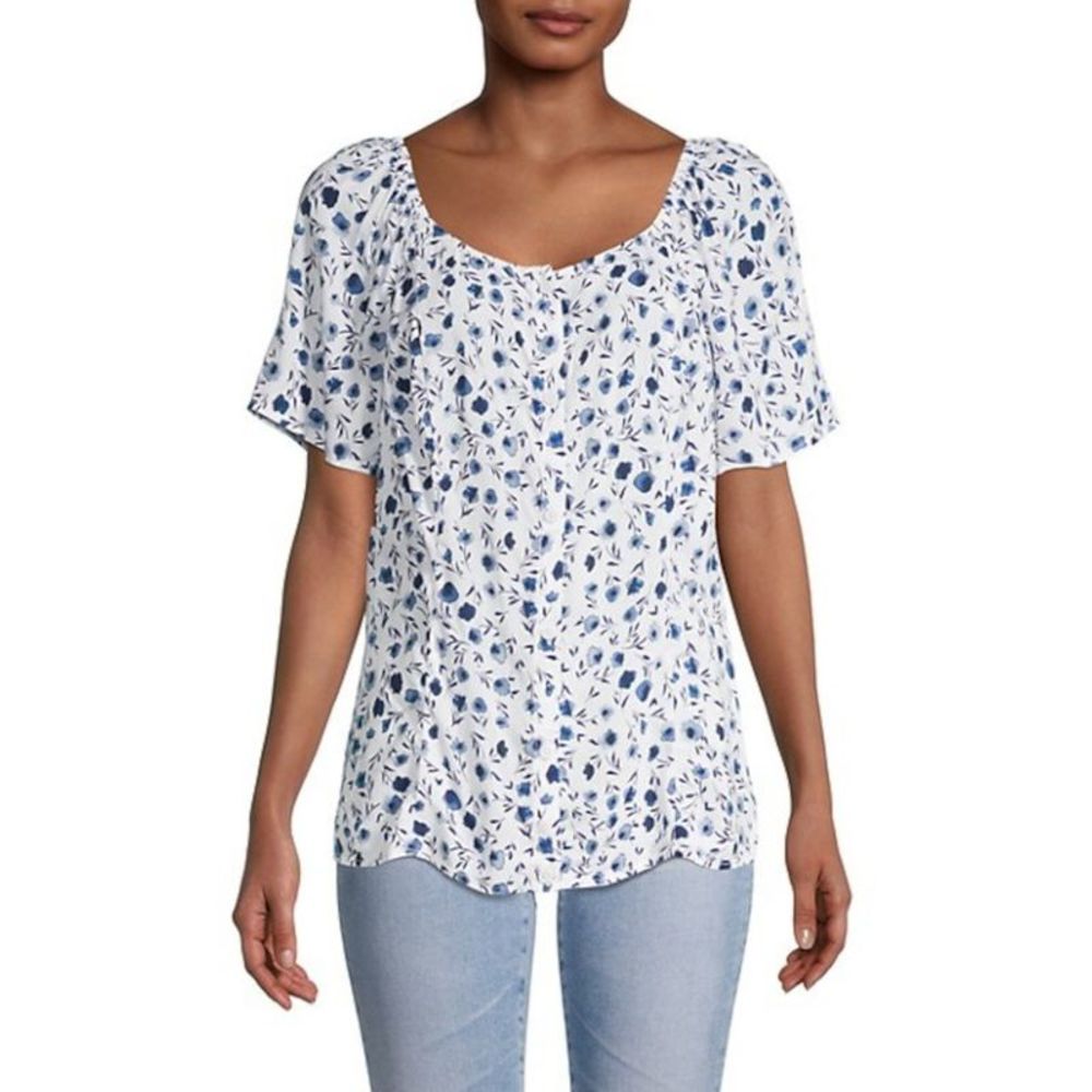 BEACHLUNCHLOUNGE COLLECTION Womens White Button Short Sleeve Scoop Neck Top M
